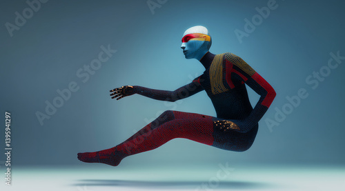 A futuristic android floating gracefully in a minimal surreal space, blending poise, balance and modern motion aesthetics. Perfect for creative branding and concept campaigns.