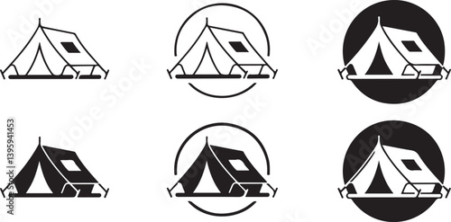  Camping Tent Icon Set with Line and Filled Variants Representing Outdoor Adventure, Travel, and Nature in Minimal Circular Vector Design