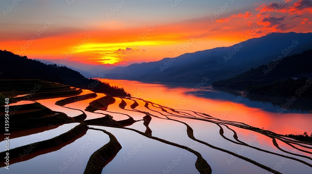 The sun is setting over the mountains as the water reflects both the mountains and the sky