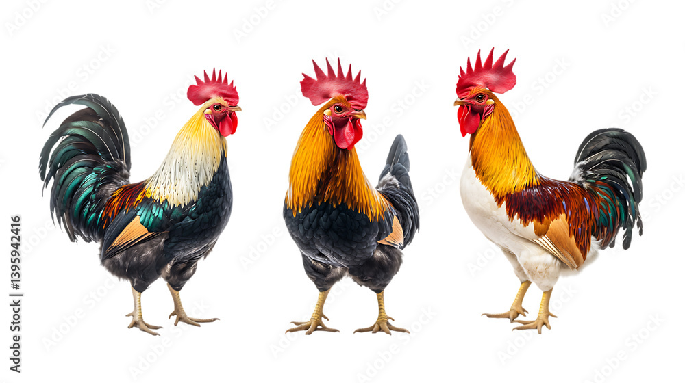 Fototapeta premium Pack Rooster Set in Different Poses Against Transparent Background for Farm Illustrations, Agriculture Branding, or Rural Design