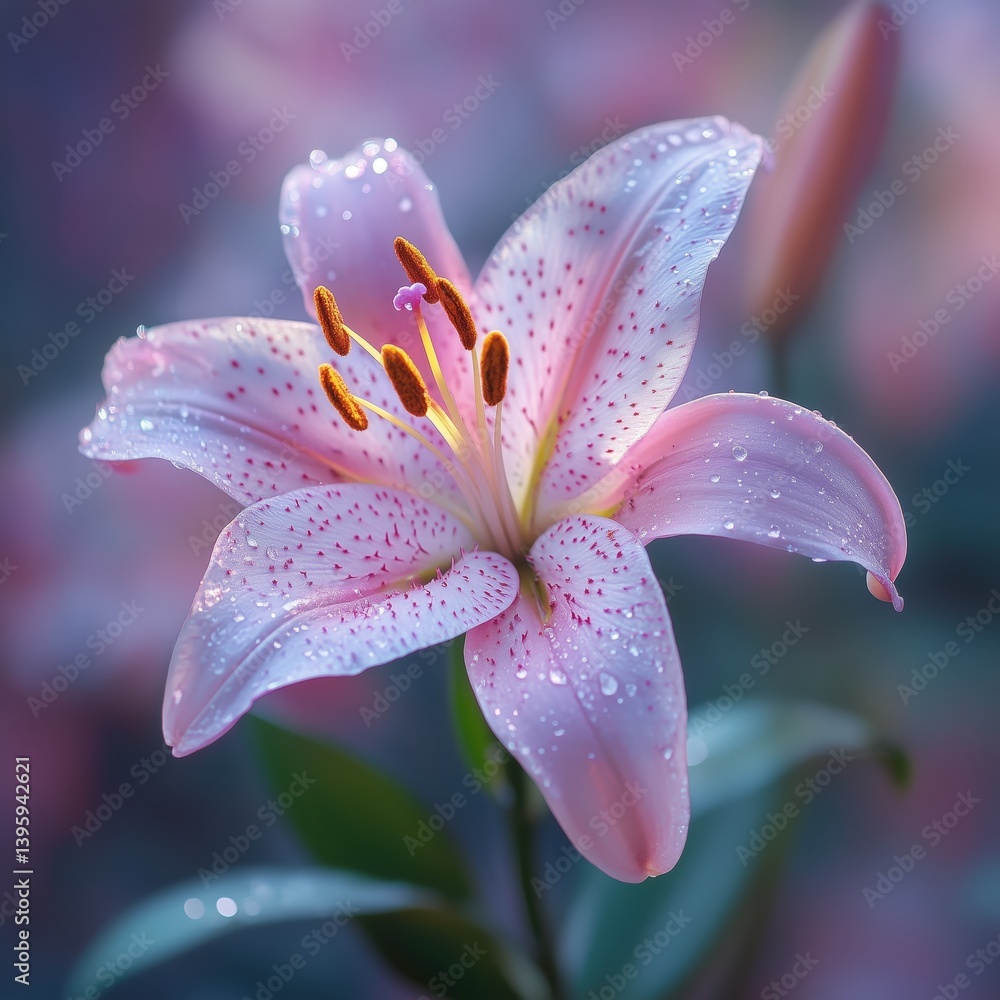 Fototapeta premium Close-up of a pink lily with delicate spots and water droplets, showcasing its beauty in a natural setting. Ideal for floral or nature-themed designs.