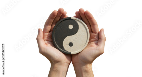 Tableau sur toile Isolated ying yang symbol in hands on white background