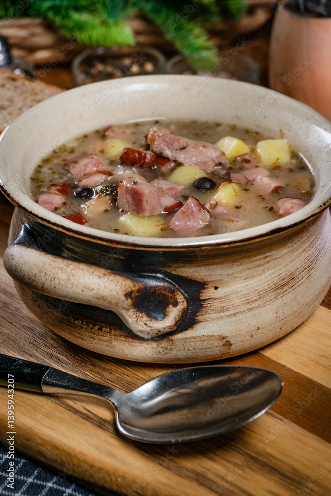 Sour soup with mushroom and potatoes.