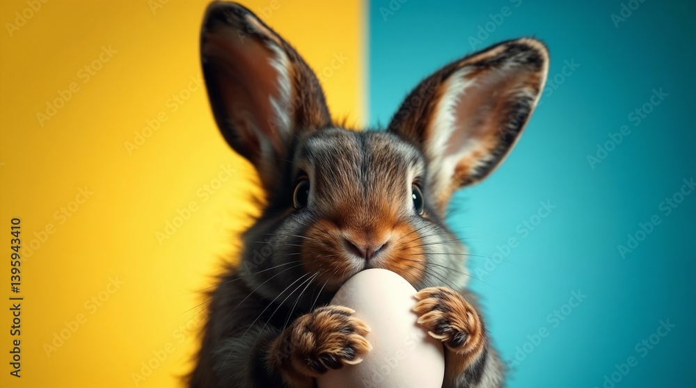 Obraz premium Bunny holds Easter egg on yellow-blue background