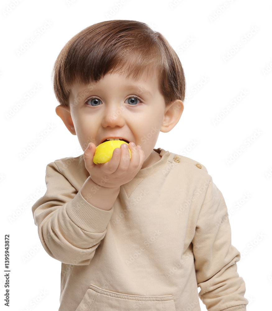 Cute little child eating tasty mochi on white background Cute little child eating tasty mochi on white background