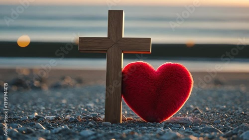 Red heart next to wooden cross on gravel in morning light, with beach and ocean in the background.