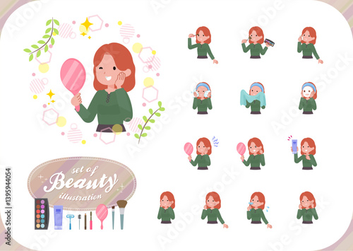 美容に関する赤髪女性のセット