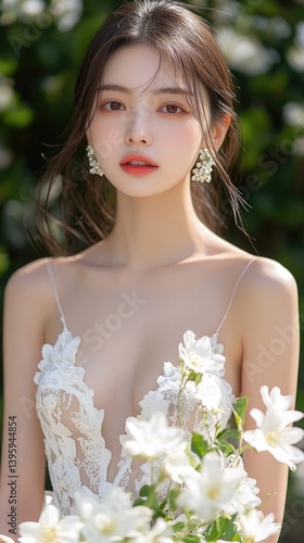Elegant bride in a floral-embellished, sheer wedding dress