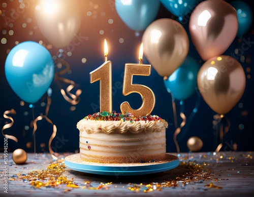 number 15 candle on a twenty eit year birthday or anniversary cake celebration with balloon