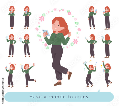 スマホを使って楽しむ赤髪女性のセット