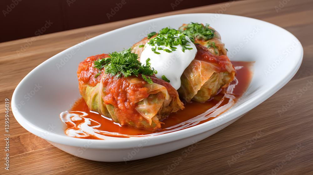 Deliciously Stuffed Cabbage Rolls with Tomato Sauce and Garnish on Wooden Table Deliciously Stuffed Cabbage Rolls with Tomato Sauce and Garnish on Wooden Table