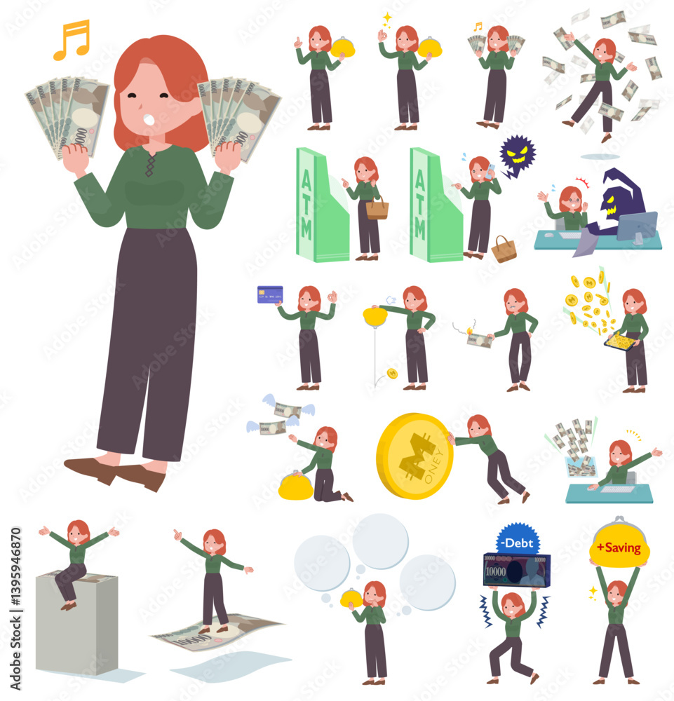 Obraz premium お金や経済に関する赤髪女性のセット