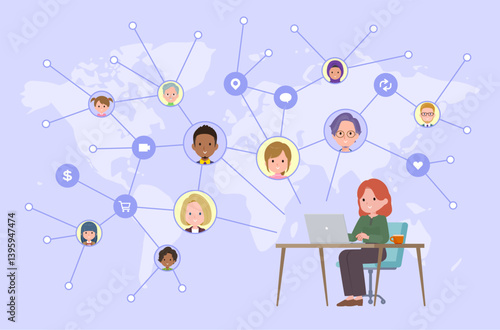 ソーシャルメディアで情報を発信している赤髪女性のセット