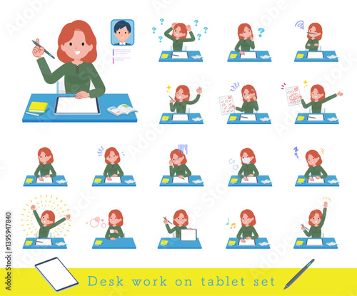 タブレット端末で学習する赤髪女性のセット
