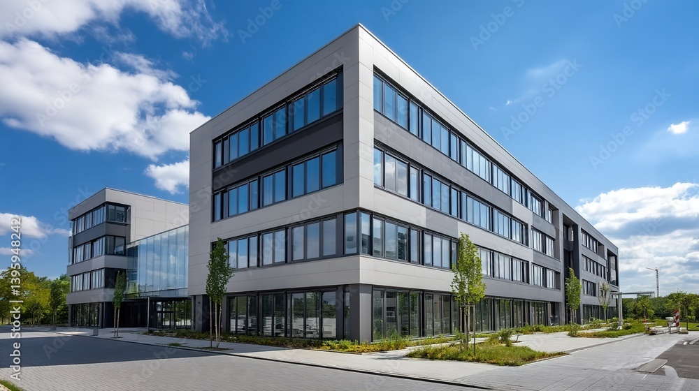 Fototapeta premium A modern multi-story office building with light gray facade, large glass windows, clear blue sky with white clouds, surrounded by paved paths and greenery.