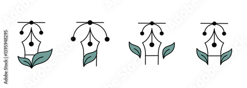Set of vector icons combining a pen nib with leaf elements.