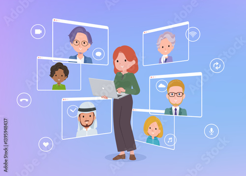 ノートパソコンを使ってオンラインコミュニケーションをとっている赤髪女性のセット