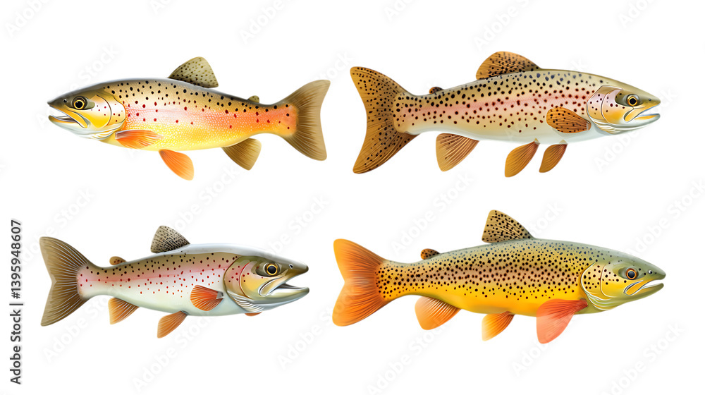 Pack Trout Fish Set in Different Poses on Transparent Background for Wildlife, Fishing, and Aquatic-Themed Designs Pack Trout Fish Set in Different Poses on Transparent Background for Wildlife, Fishing, and Aquatic-Themed Designs