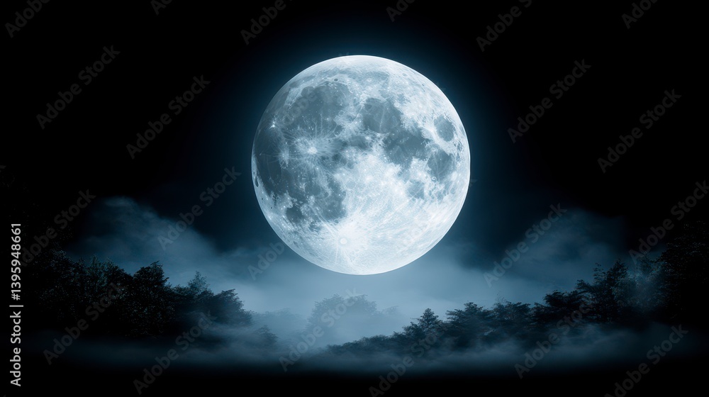Bright Full Moon Over Foggy Forest Landscape at Night Bright Full Moon Over Foggy Forest Landscape at Night