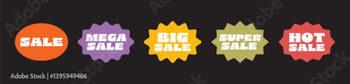 Collection of colourful promotional stickers with playful text. Retail ribbon badges and label for sale, promotion, marketing and branding. Perfect for commerce, advertising, and sale announcements