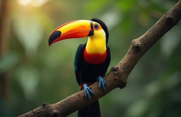 Red-breasted toucan bird perched on tree branch. Tropical colorful fauna portrait in rainforest environment. Wildlife animal with bright yellow beak feathers. Nature photo.
