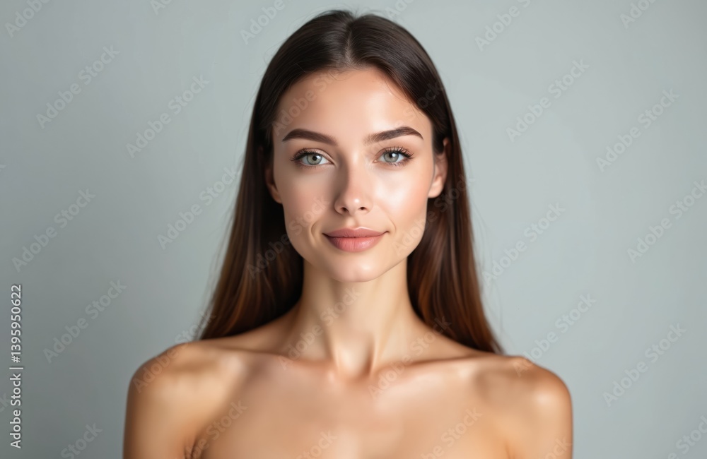 Portrait of young woman after face skin care procedure at spa salon. Pretty lady with fresh flawless skin, long hair, perfect make-up, looking at camera isolated over grey background. Beauty, health, Portrait of young woman after face skin care procedure at spa salon. Pretty lady with fresh flawless skin, long hair, perfect make-up, looking at camera isolated over grey background. Beauty, health,