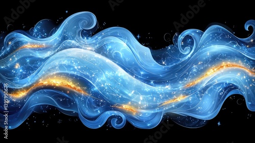 Abstract flowing ethereal waves of blue and gold light