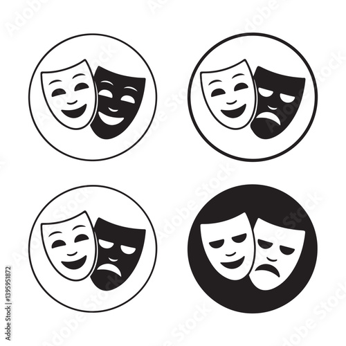  Black and White Drama Mask Icon Set – Classic Theater Comedy and Tragedy Symbols for Performing Arts, Entertainment, and Creative Design Projects