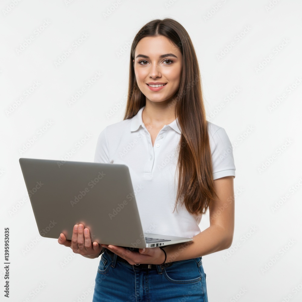 Smiling young woman in white shirt holding laptop confidently solated on white background Smiling young woman in white shirt holding laptop confidently solated on white background