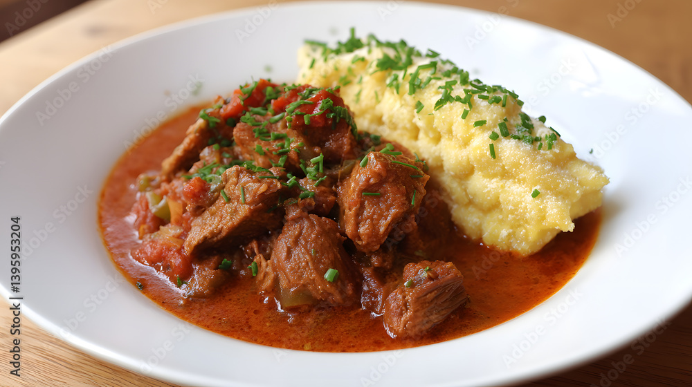 Tender Hungarian Pork Stew with Soft Polenta Garnished with Fresh Chives on a White Plate Tender Hungarian Pork Stew with Soft Polenta Garnished with Fresh Chives on a White Plate