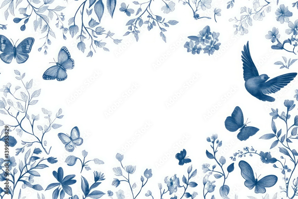 Blue and white style pattern with birds, flowers, butterflies, and plants, hand-drawn illustration Blue and white style pattern with birds, flowers, butterflies, and plants, hand-drawn illustration