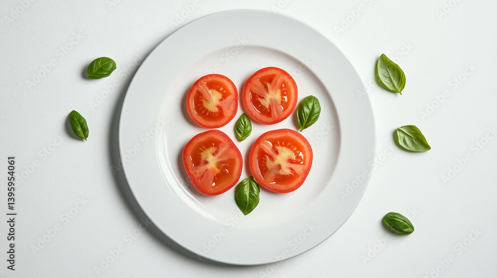 Fresh tomato slices with basil and pepper on white background, copy space Fresh tomato slices with basil and pepper on white background, copy space