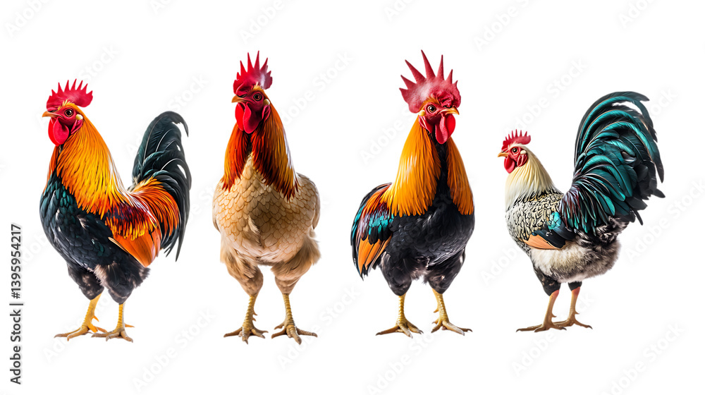 Fototapeta premium Pack Rooster Set in Different Poses Against Transparent Background for Farm Illustrations, Agriculture Branding, or Rural Design