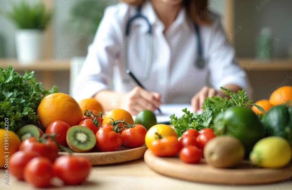 Nutritionist doctor working office desk. Fresh fruit vegetables, tomatoes, orange, kiwi, avocado, greens on wooden trays. Healthy diet, weight loss. Food plan, balanced meal concept, vitamins, Nutritionist doctor working office desk. Fresh fruit vegetables, tomatoes, orange, kiwi, avocado, greens on wooden trays. Healthy diet, weight loss. Food plan, balanced meal concept, vitamins,