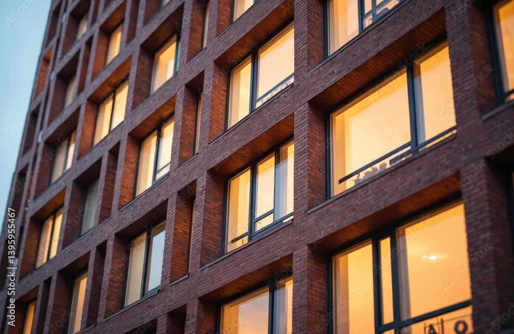 Low-angle view modern office building with brick facade, large windows. Amsterdam architecture, urban scene exterior at sunset. Business, real estate concepts. Golden light reflects, creating warm Low-angle view modern office building with brick facade, large windows. Amsterdam architecture, urban scene exterior at sunset. Business, real estate concepts. Golden light reflects, creating warm