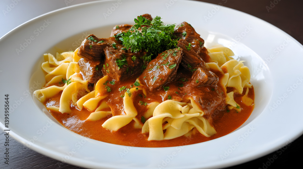 Delicious Slow Cooked Beef Stew with Paprika Served over Tender Egg Noodles and Fresh Parsley Garnish Delicious Slow Cooked Beef Stew with Paprika Served over Tender Egg Noodles and Fresh Parsley Garnish