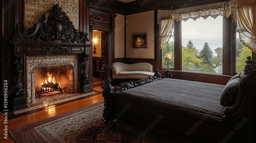 A grand Victorian bedroom displaying a dark walnut bed with florid headboard carvings A grand Victorian bedroom displaying a dark walnut bed with florid headboard carvings