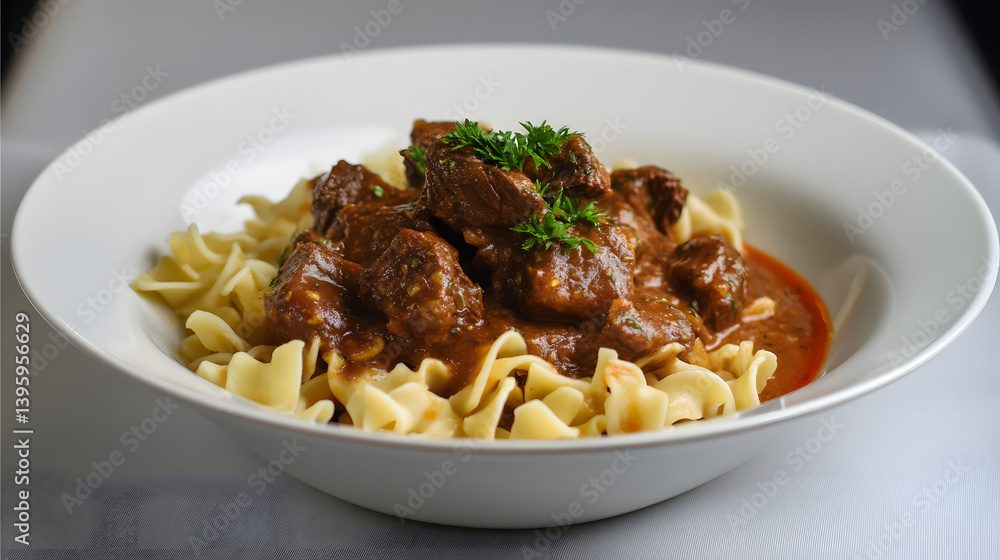 Slowly Cooked Beef Stew with Paprika Served Over Noodles in a White Bowl Slowly Cooked Beef Stew with Paprika Served Over Noodles in a White Bowl