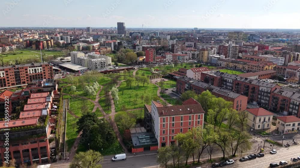 Aerial drone view of the buildings in Milan, Italy in daylight Aerial drone view of the buildings in Milan, Italy in daylight