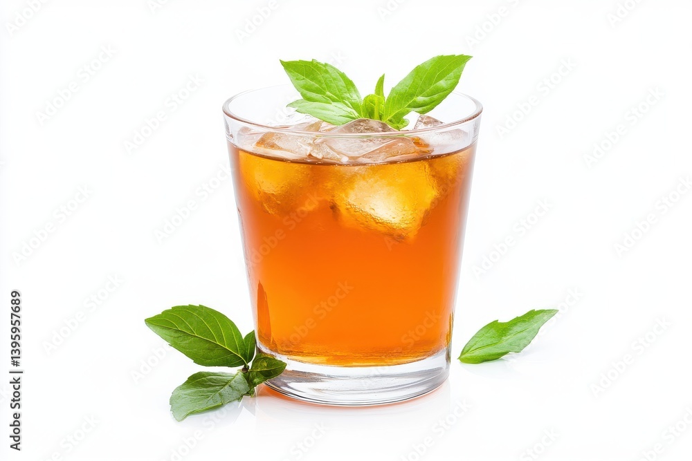 Iced tea with basil garnish isolated on white background Iced tea with basil garnish isolated on white background