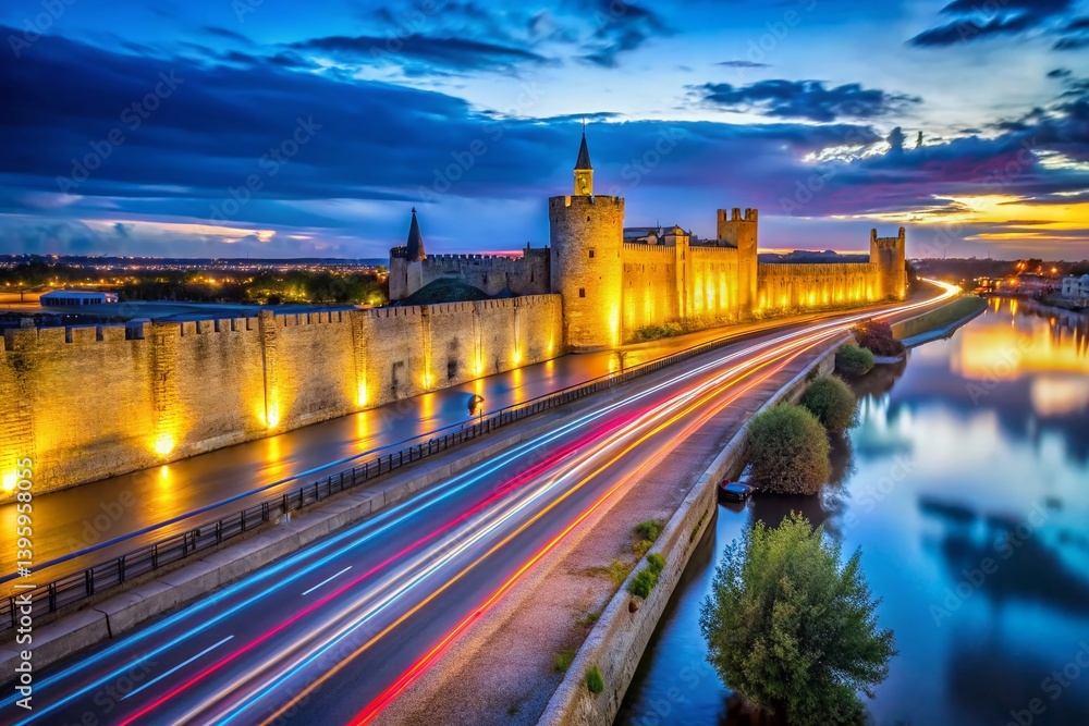 Fototapeta premium Long Exposure Night View of Aigues-Mortes City Walls, Camargue, France