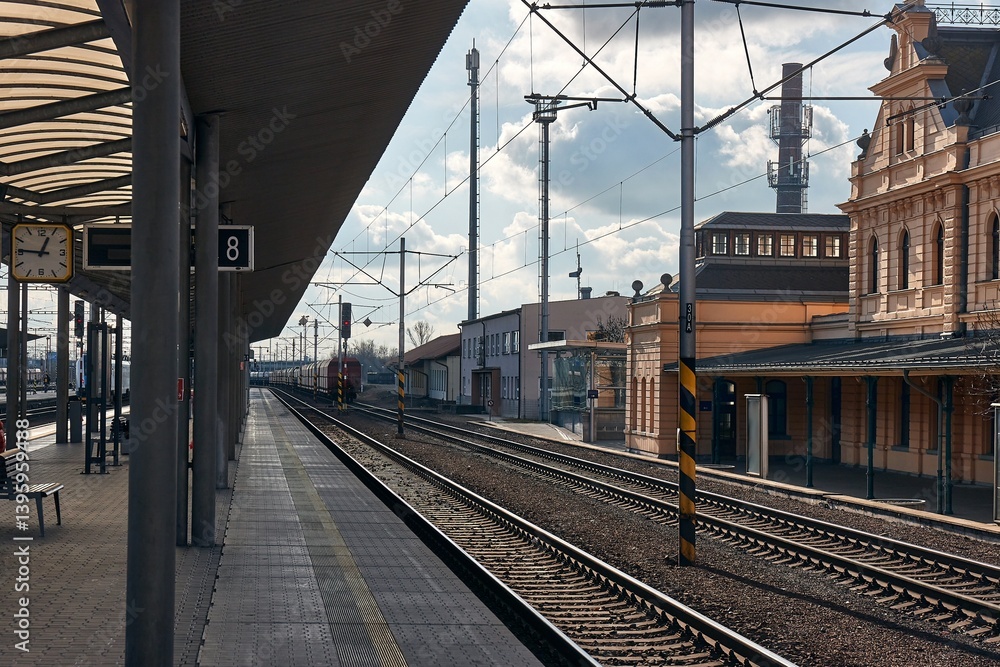 Train station platform of a European town