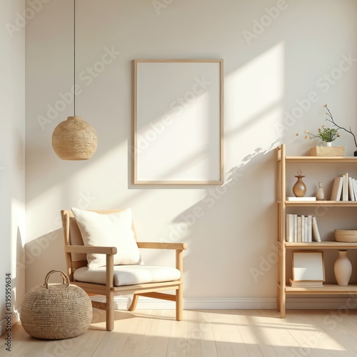 Modern living room interior mockup with pastel colors. White wall wooden furniture. Empty frame for art. Cozy, warm sunlight, design, home decor inspiration, blank canvas.