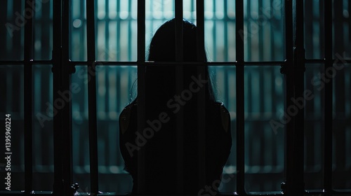Silhouette of a woman behind bars in prison.