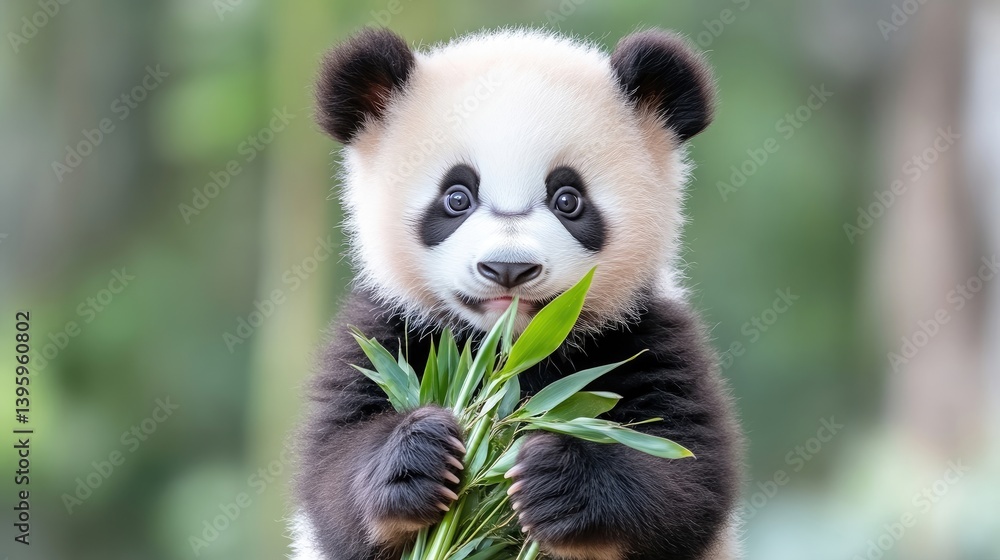 Fototapeta premium Adorable baby panda munching on bamboo