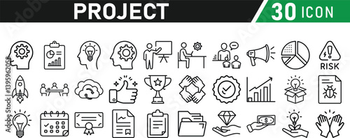 Project icons set in liner style. Editable icons collection
