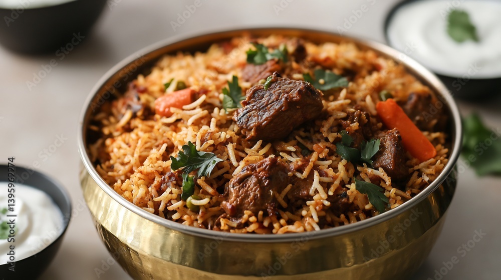 Hearty lamb biryani served in a traditional brass pot with sides of cooling yogurt Hearty lamb biryani served in a traditional brass pot with sides of cooling yogurt