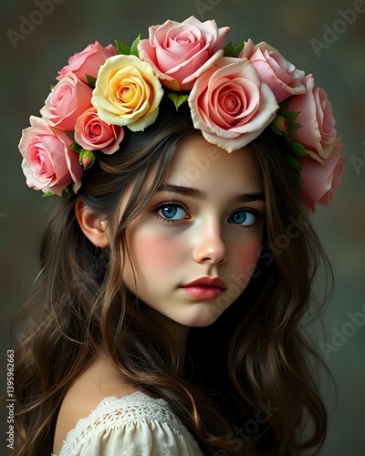 Wallpaper Mural image d'une belle femme qui a des cheveux châtains foncés et qui porte une couronne de roses sur la tête  Torontodigital.ca