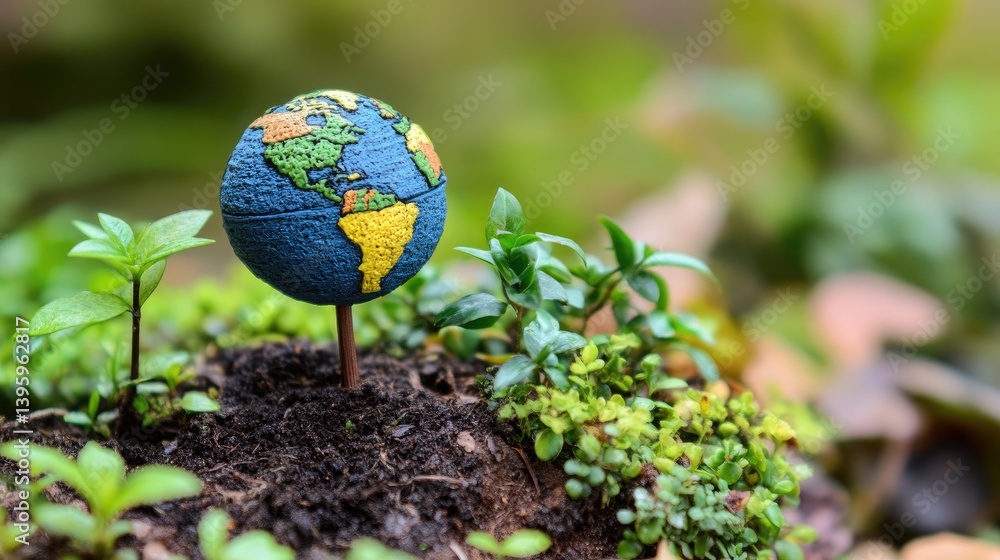Miniature globe in soil, surrounded by greenery Miniature globe in soil, surrounded by greenery