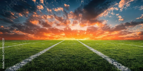 Vibrant sunset over a football field with lush green grass and dramatic clouds in the background